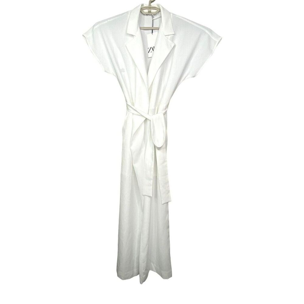 NWT Zara Wide Leg Jumpsuit V Neck Collard Pockets Belted Tie Buttons XS White